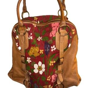 VTG HAYDEN-HARNETT PAULE MARROT EDITIONS BROWN LEATHER MULTI-FLORAL TRAVEL BAG